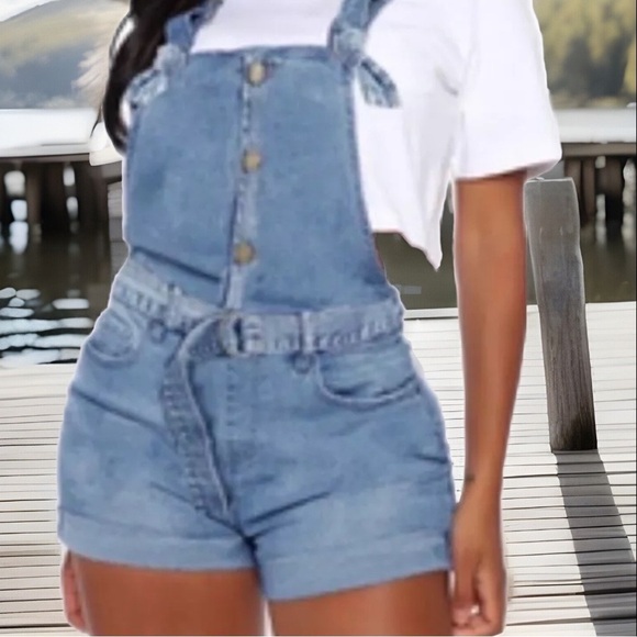 90’s Style Trend Stone Wash Style Button High Waist Overalls Demin Jumper Shorts - Picture 3 of 16
